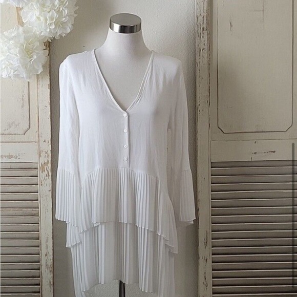 ZARA White PLEATED DRESS BLOUSE TUNIC Flowing V-neck blouse long sleeves - Picture 15 of 15
